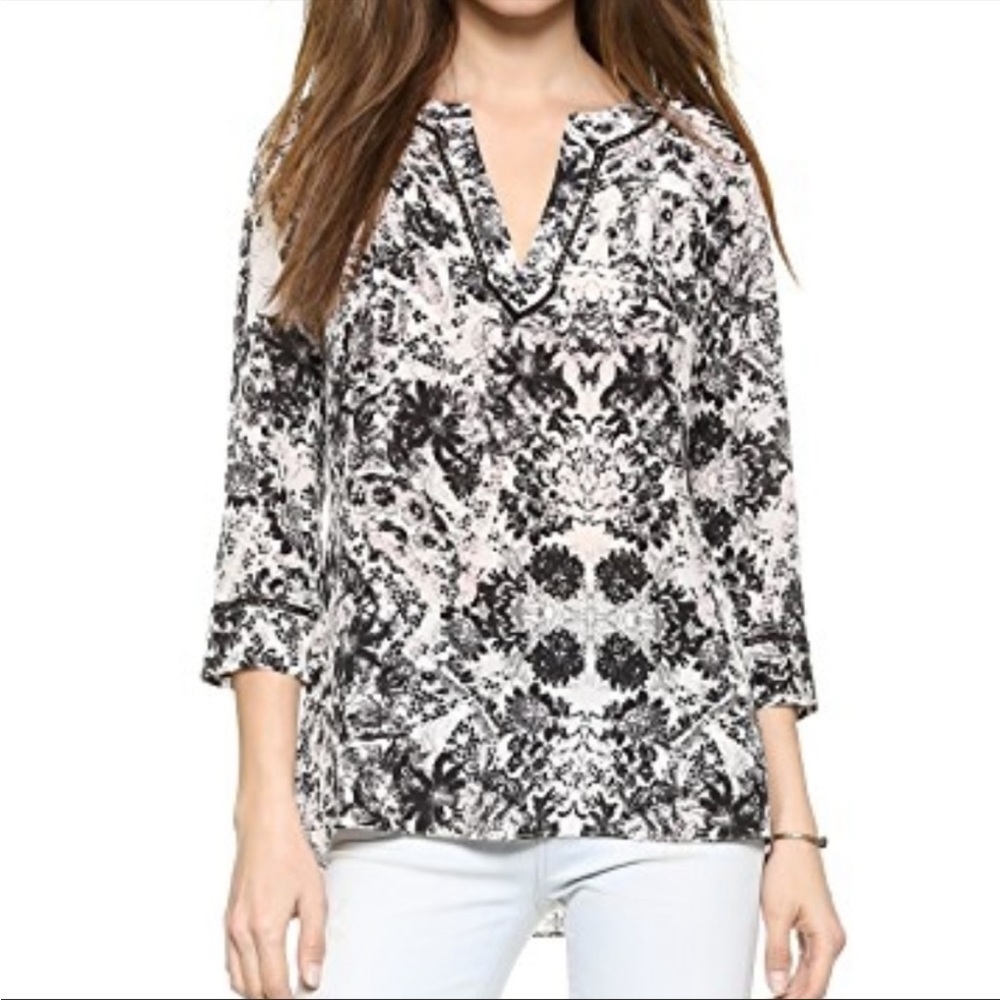 Rebecca Taylor Kiku Print Silk Top Size 4 Black White Pink Floral 3/4 Sleeve